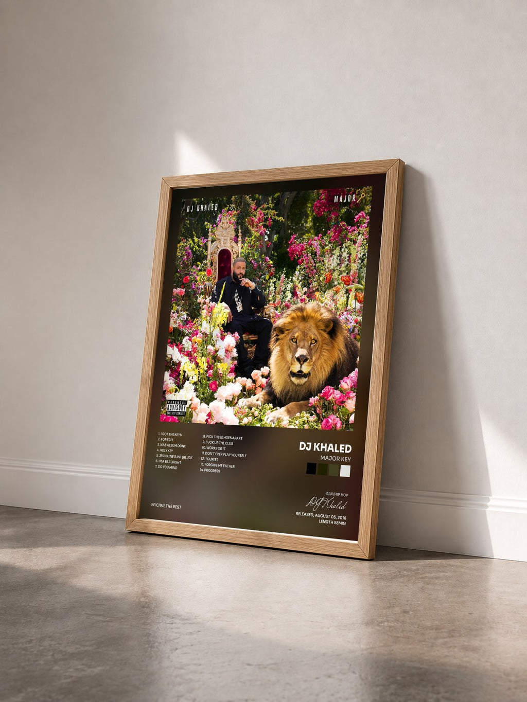 #bois Tableau de l'album Major Key de DJ Khaled vu de trois quarts, cadre en bois brut