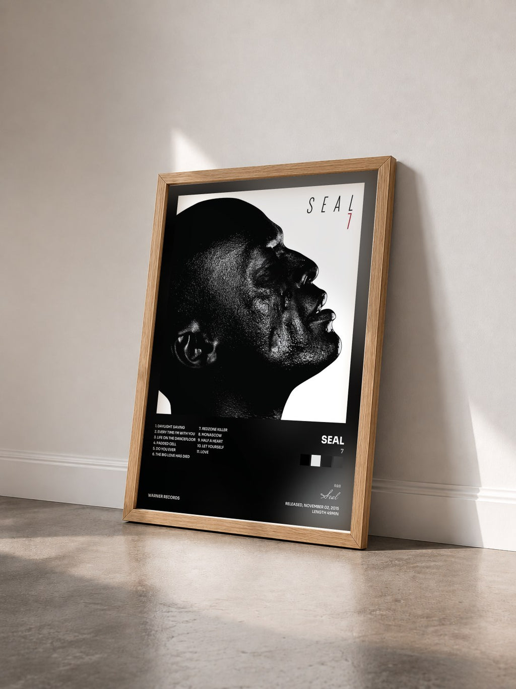 #bois Tableau de l'album 7 de Seal vu de trois quarts, cadre en bois brut
