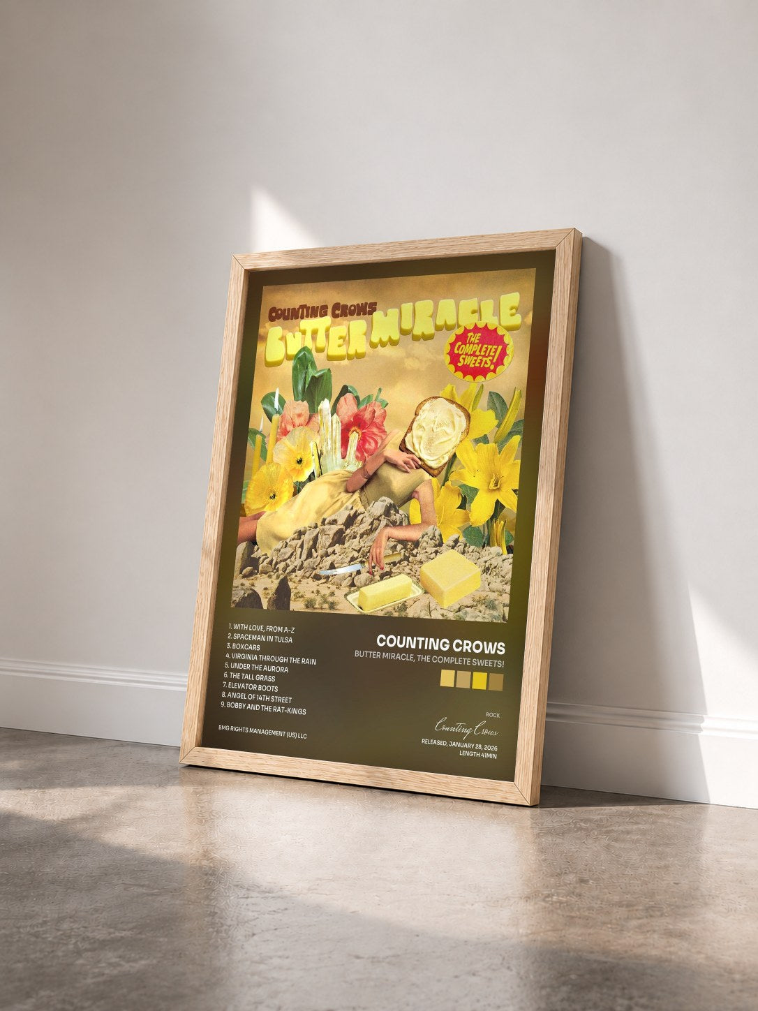 #bois Tableau de l'album Butter Miracle, The Complete Sweets! de Counting Crows vu de trois quarts, cadre en bois brut