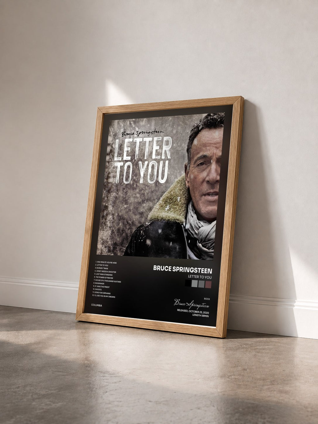 #bois Tableau de l'album Letter To You de Bruce Springsteen vu de trois quarts, cadre en bois brut