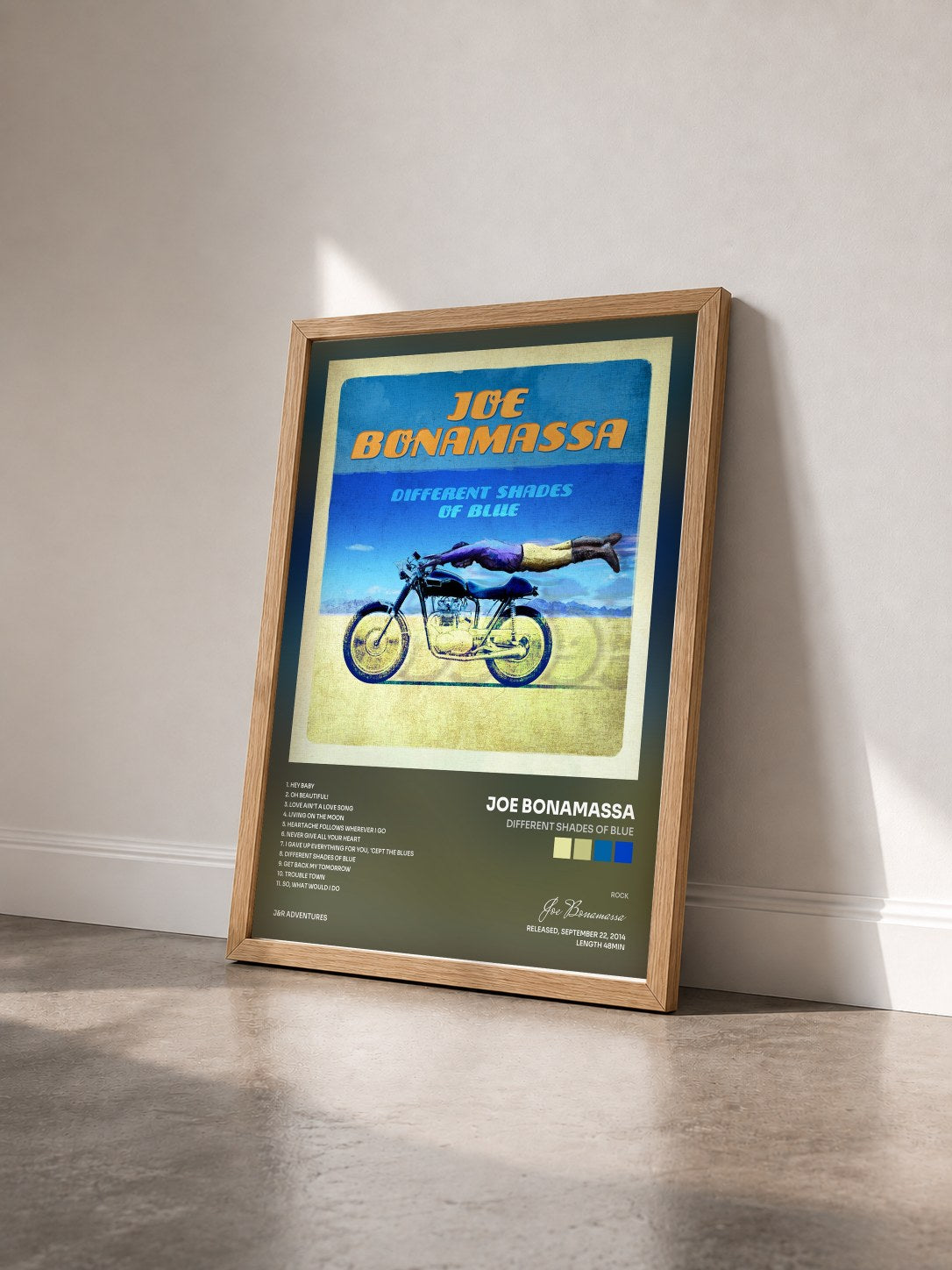 #bois Tableau de l'album Different Shades of Blue de Joe Bonamassa vu de trois quarts, cadre en bois brut