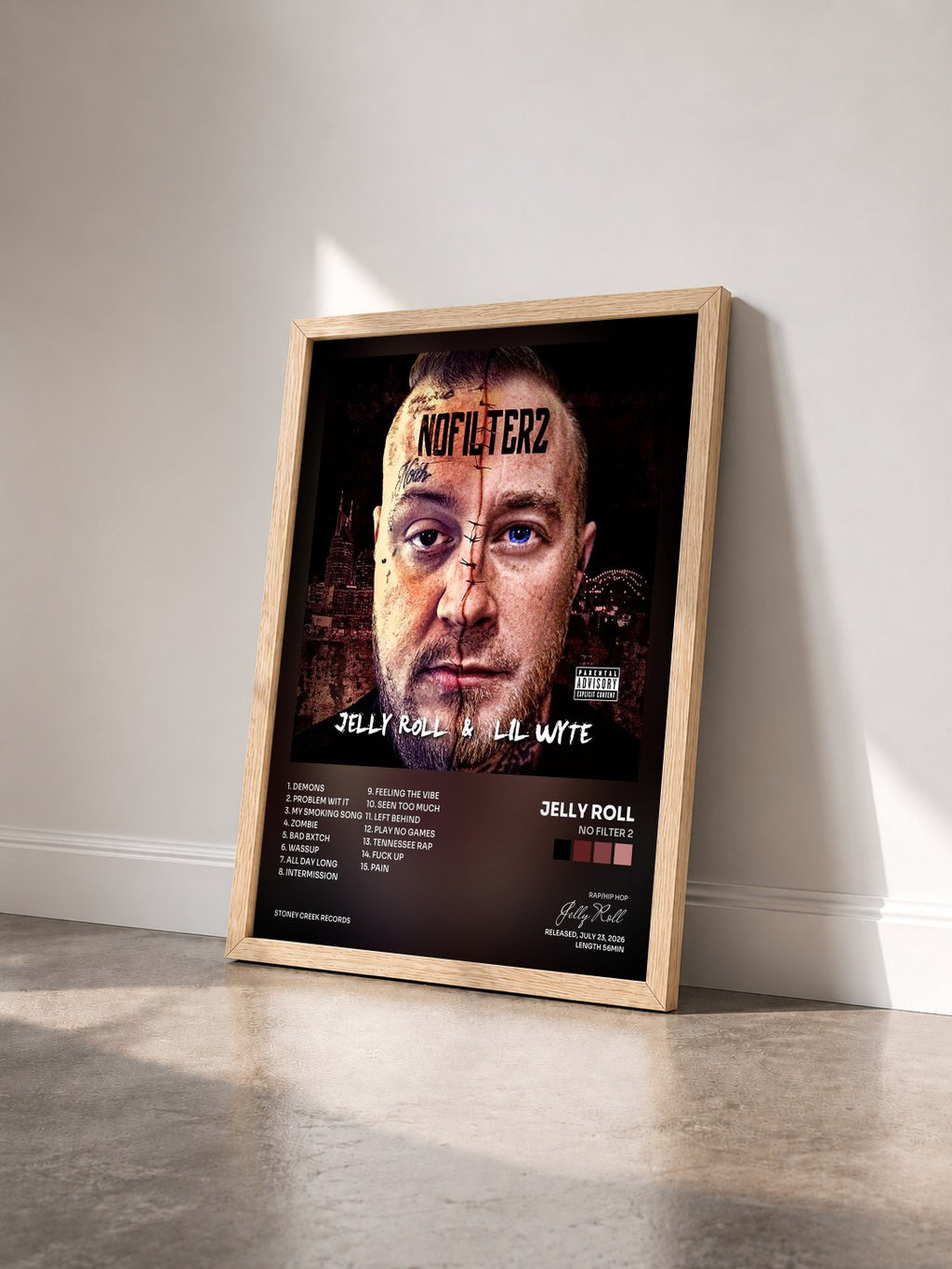 #bois Tableau de l'album No Filter 2 de Jelly Roll vu de trois quarts, cadre en bois brut