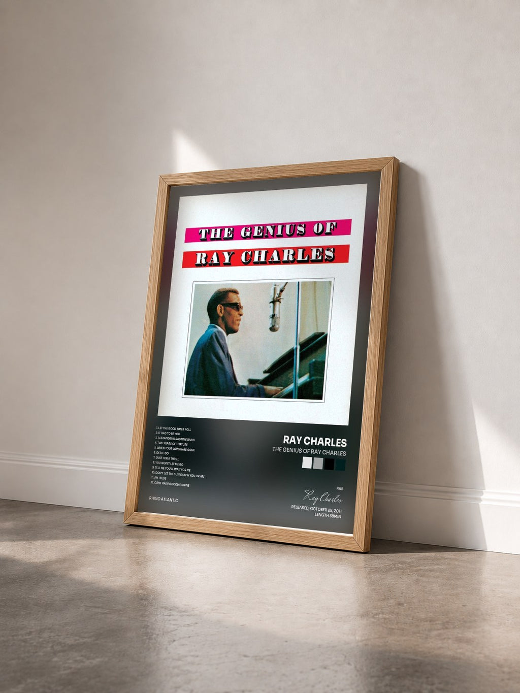 #bois Tableau de l'album The Genius Of Ray Charles de Ray Charles vu de trois quarts, cadre en bois brut