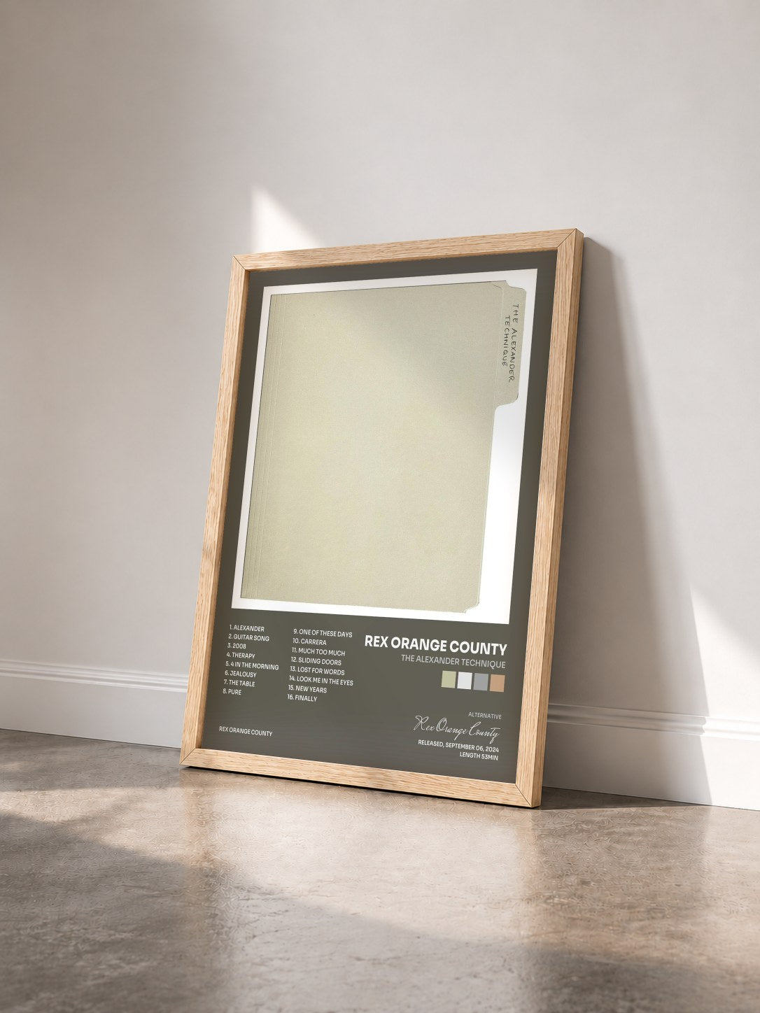 #bois Tableau de l'album The Alexander Technique de Rex Orange County vu de trois quarts, cadre en bois brut