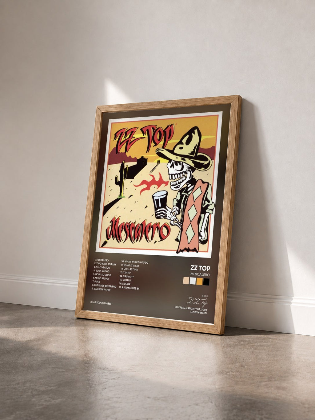 #bois Tableau de l'album Mescalero de ZZ Top vu de trois quarts, cadre en bois brut