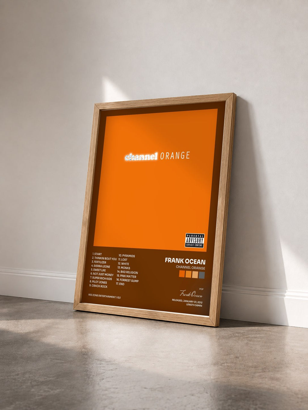 #bois Tableau de l'album channel ORANGE de Frank Ocean vu de trois quarts, cadre en bois brut