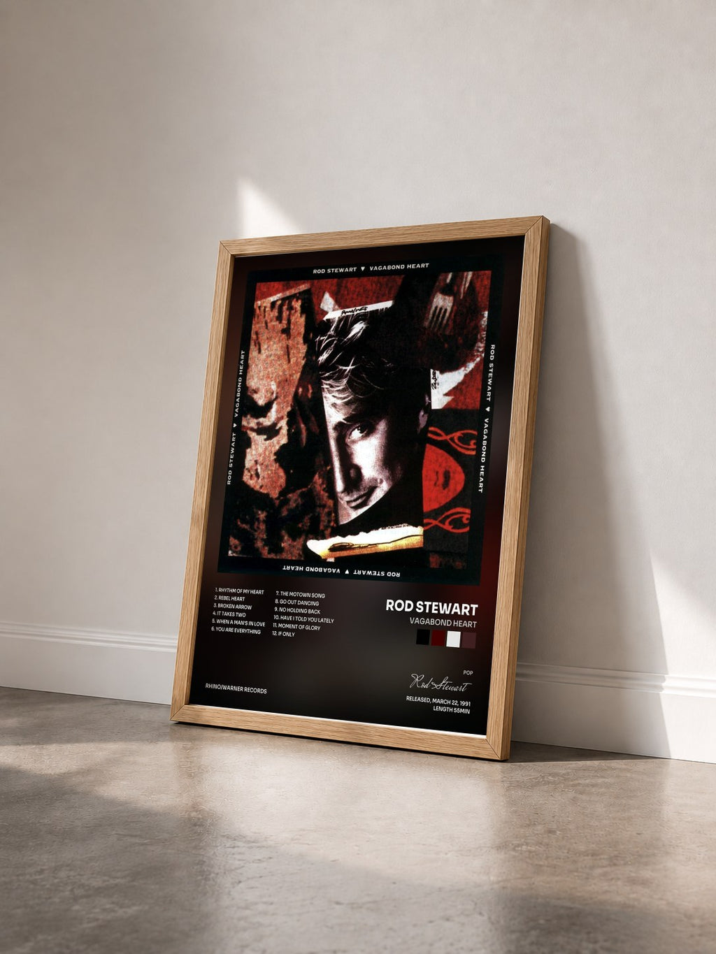 #bois Tableau de l'album Vagabond Heart de Rod Stewart vu de trois quarts, cadre en bois brut