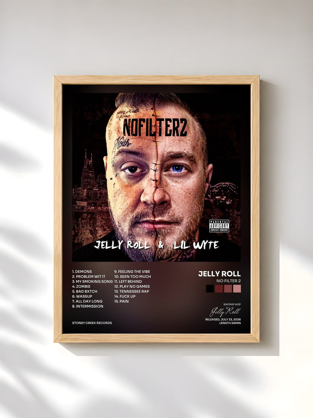 #bois Tableau de l'album No Filter 2 de Jelly Roll, cadre en bois brut, imprimé et encadré en France