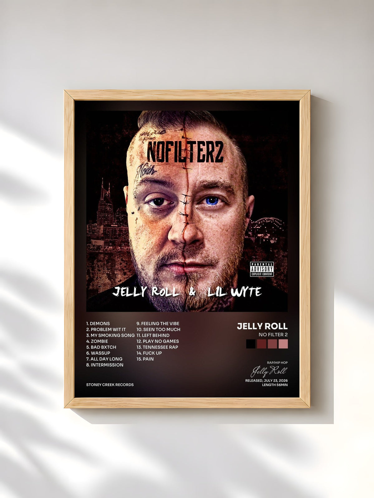 #bois Tableau de l'album No Filter 2 de Jelly Roll, cadre en bois brut, imprimé et encadré en France