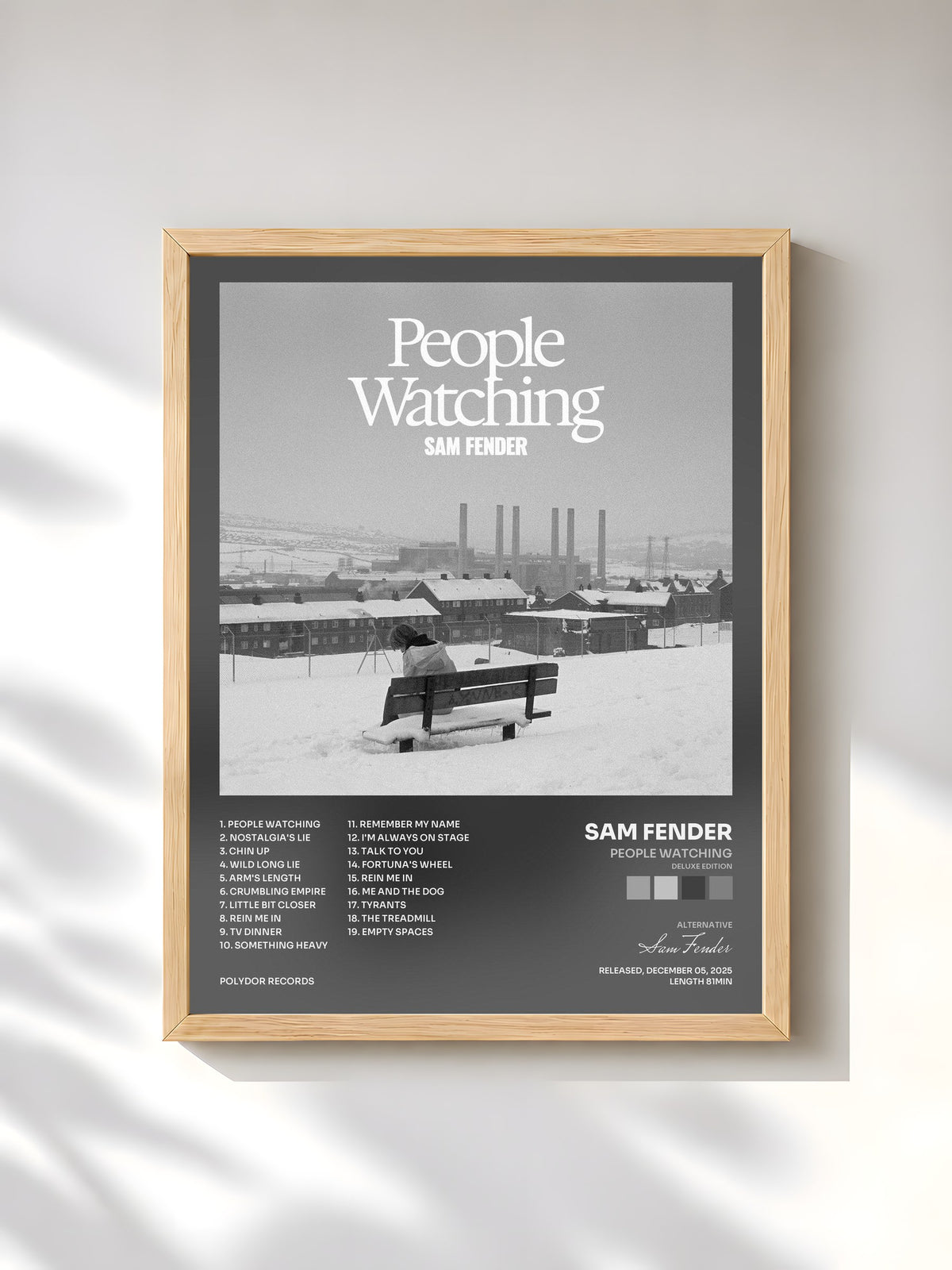 #bois Tableau de l'album People Watching (Deluxe Edition) de Sam Fender, cadre en bois brut, imprimé et encadré en France