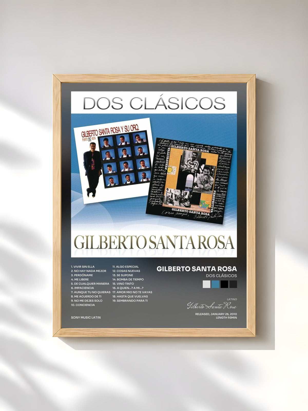 #bois Tableau de l'album Dos Clásicos de Gilberto Santa Rosa, cadre en bois brut, imprimé et encadré en France