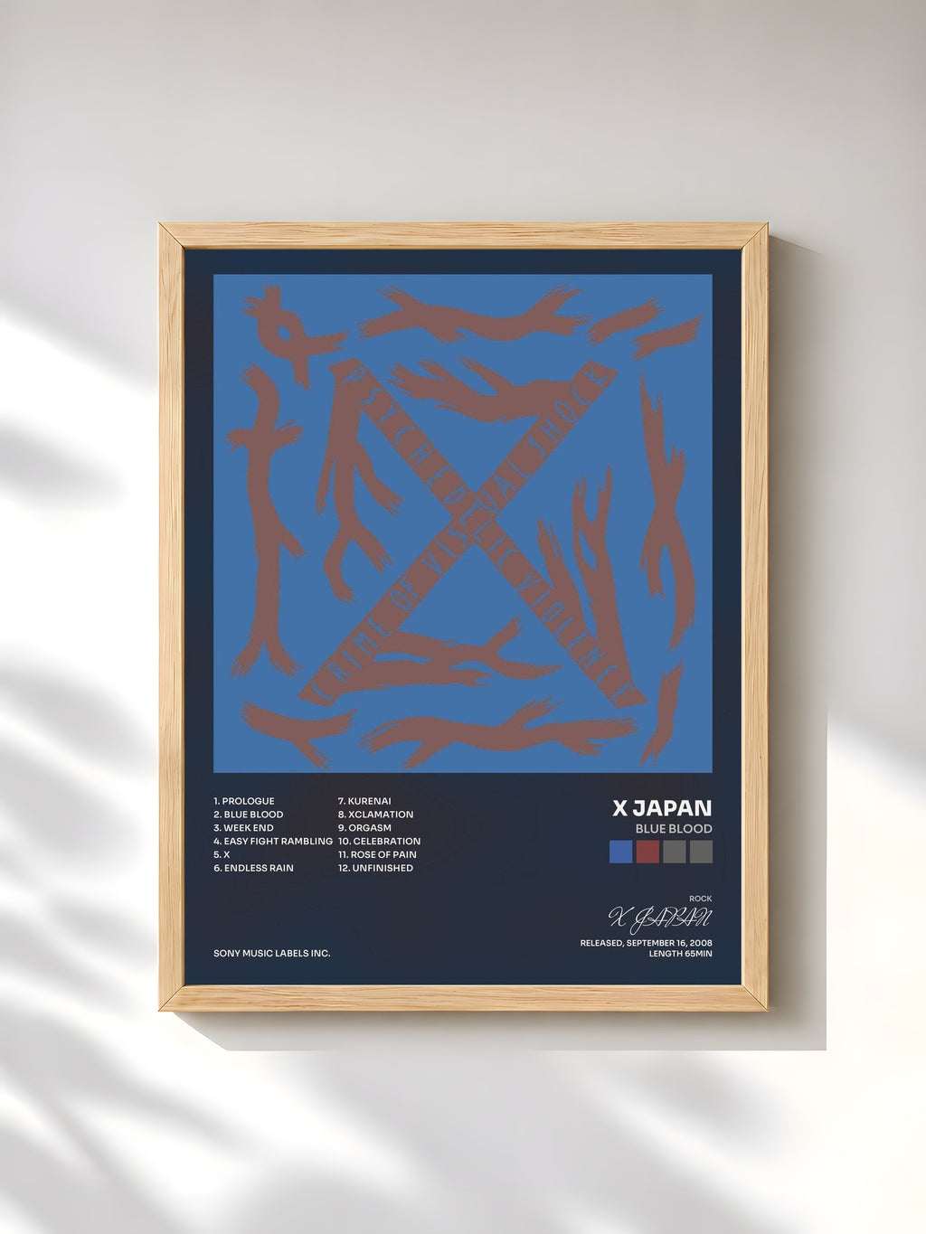 #bois Tableau de l'album Blue Blood de X JAPAN, cadre en bois brut, imprimé et encadré en France