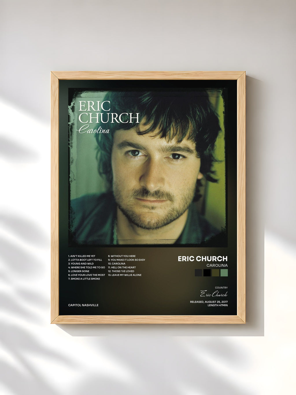 #bois Tableau de l'album Carolina de Eric Church, cadre en bois brut, imprimé et encadré en France