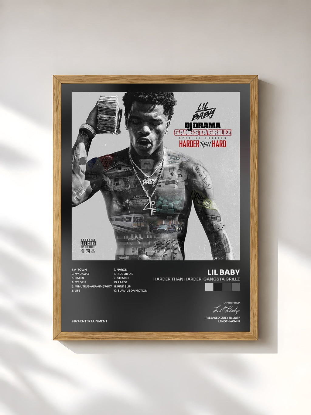 #bois Tableau de l'album Harder Than Harder: Gangsta Grillz de Lil Baby, cadre en bois brut, imprimé et encadré en France