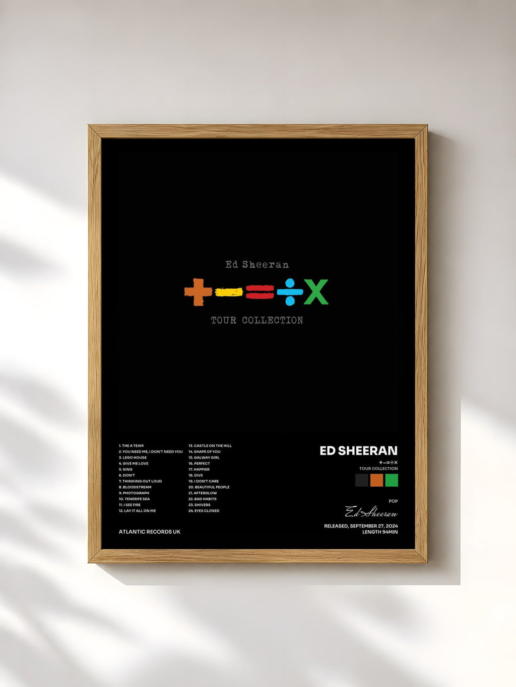 #bois Tableau de l'album +-=÷× (Tour Collection) de Ed Sheeran, cadre en bois brut, imprimé et encadré en France