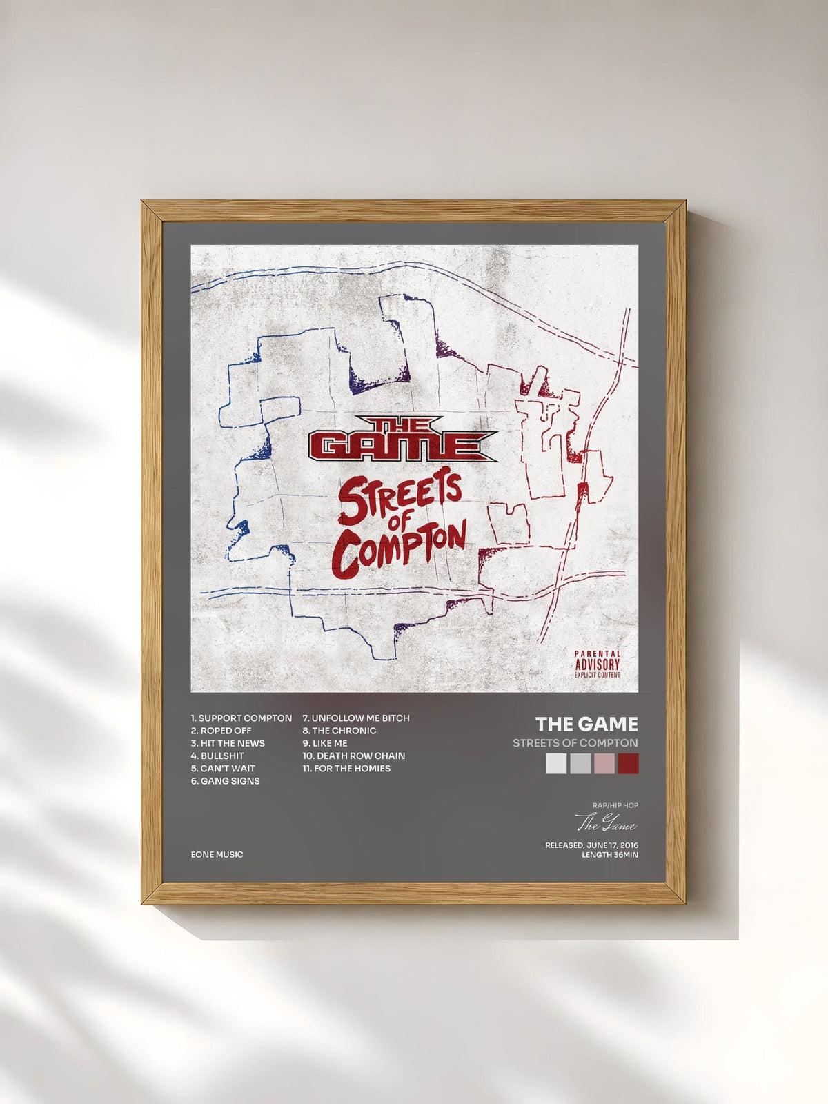 #bois Tableau de l'album Streets Of Compton de The Game, cadre en bois brut, imprimé et encadré en France