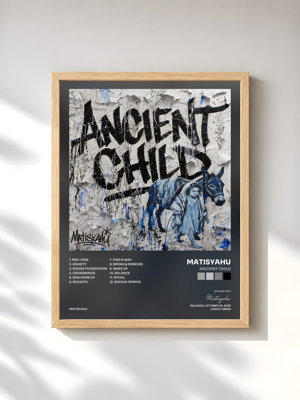#bois Tableau de l'album Ancient Child de Matisyahu, cadre en bois brut, imprimé et encadré en France