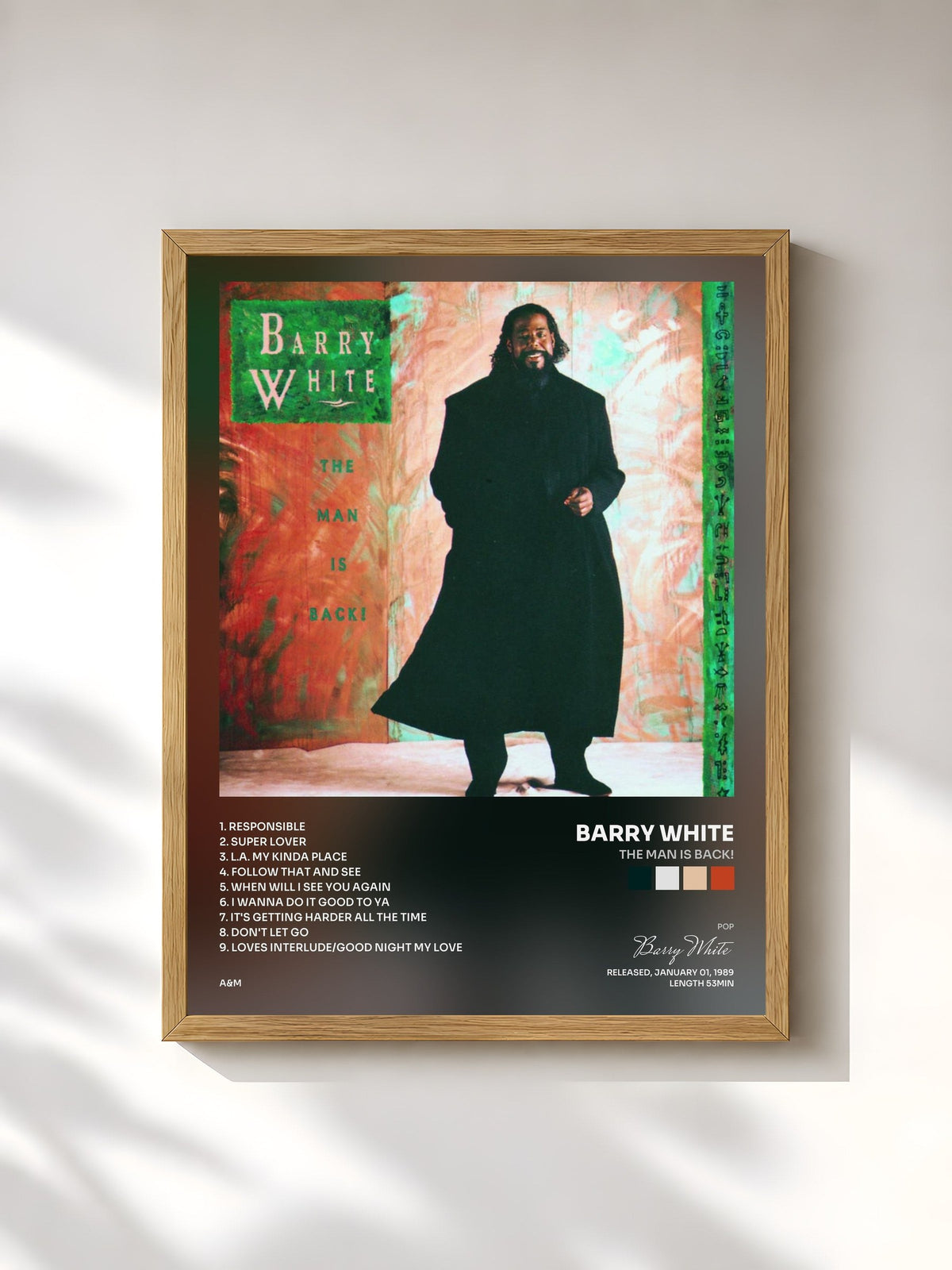 #bois Tableau de l'album The Man Is Back! de Barry White, cadre en bois brut, imprimé et encadré en France