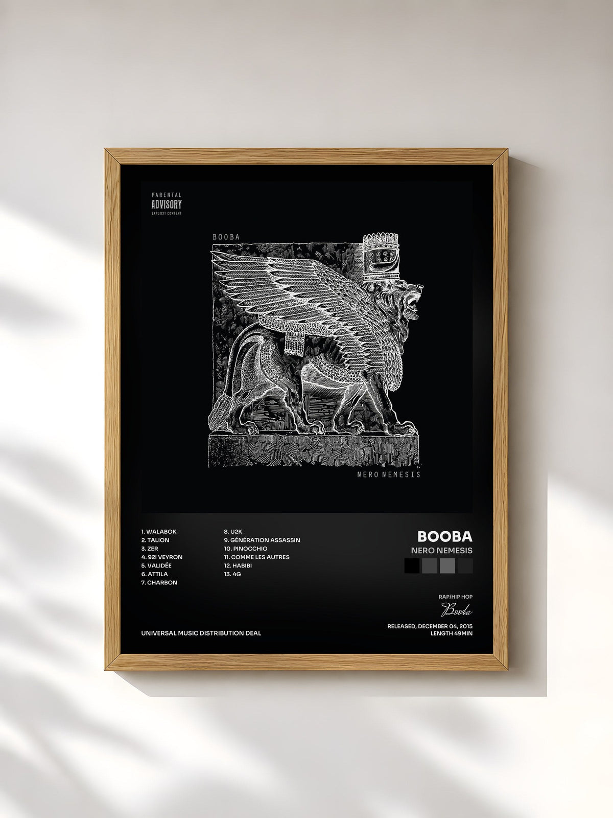 #bois Tableau de l'album Nero nemesis de Booba, cadre en bois brut, imprimé et encadré en France