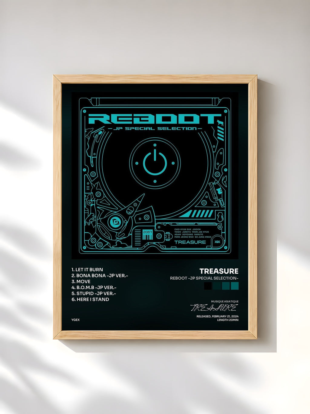 #bois Tableau de l'album REBOOT -JP SPECIAL SELECTION- de TREASURE, cadre en bois brut, imprimé et encadré en France