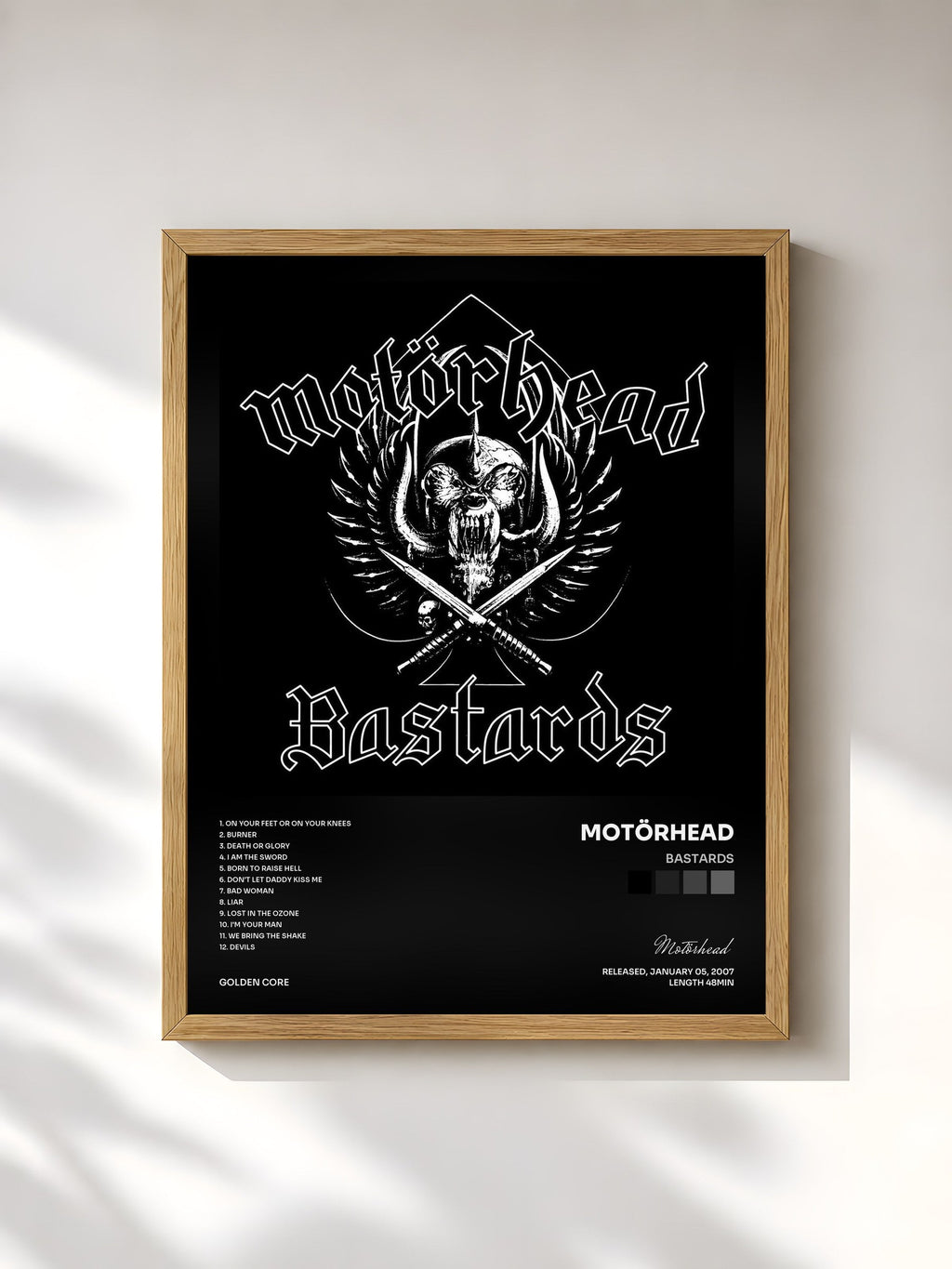 #bois Tableau de l'album Bastards de Motörhead, cadre en bois brut, imprimé et encadré en France