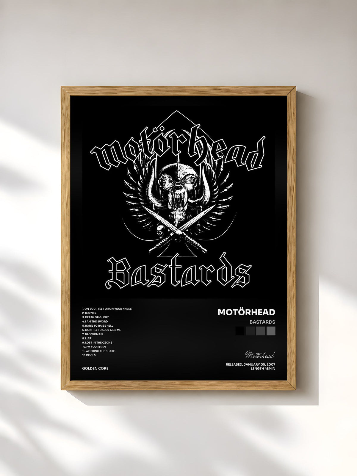 #bois Tableau de l'album Bastards de Motörhead, cadre en bois brut, imprimé et encadré en France