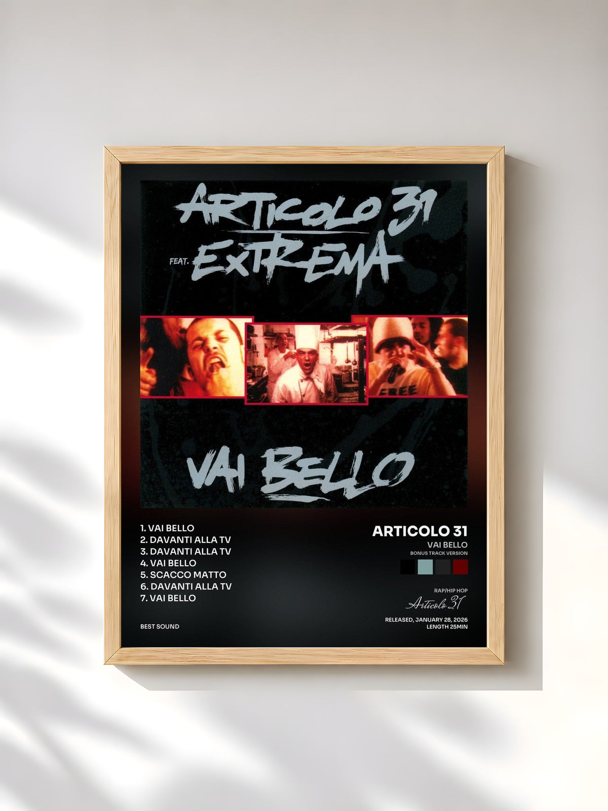 #bois Tableau de l'album Vai bello (Bonus Track Version) de Articolo 31, cadre en bois brut, imprimé et encadré en France