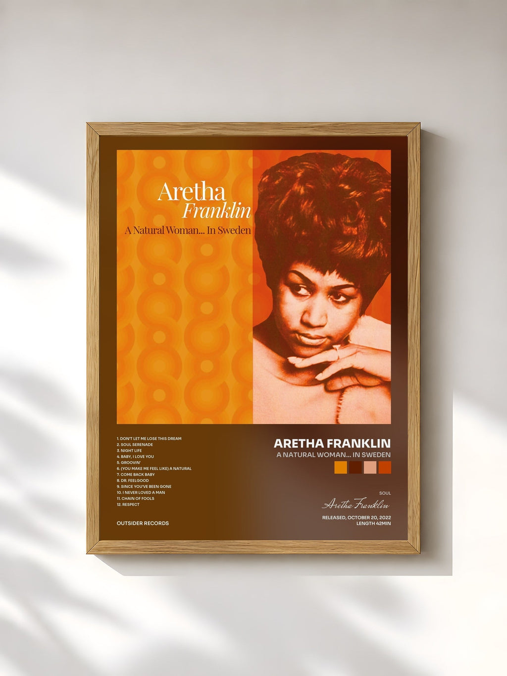 #bois Tableau de l'album A Natural Woman... in Sweden de Aretha Franklin, cadre en bois brut, imprimé et encadré en France