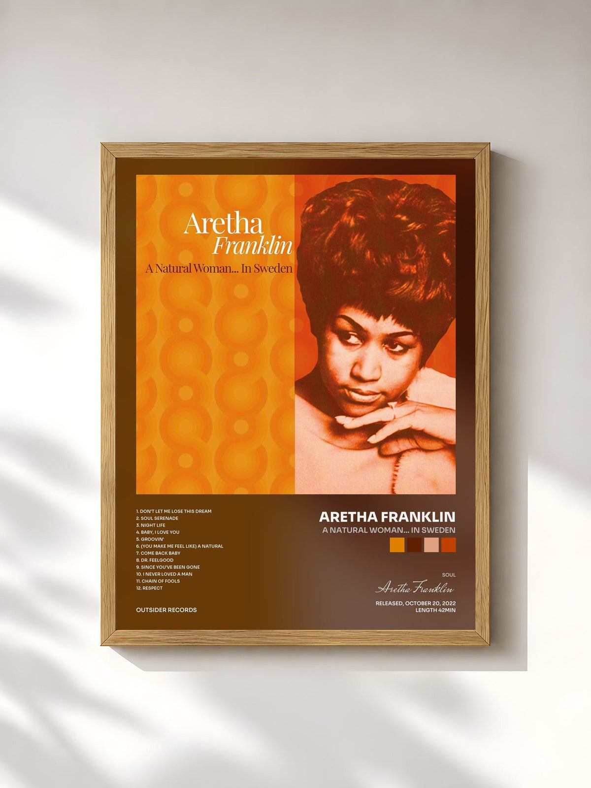 #bois Tableau de l'album A Natural Woman... in Sweden de Aretha Franklin, cadre en bois brut, imprimé et encadré en France