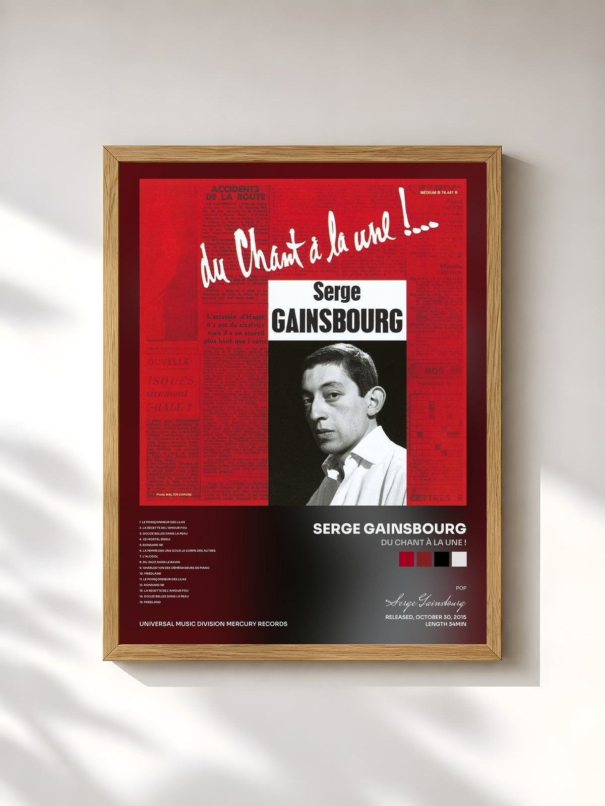 #bois Tableau de l'album Du chant à la une ! de Serge Gainsbourg, cadre en bois brut, imprimé et encadré en France