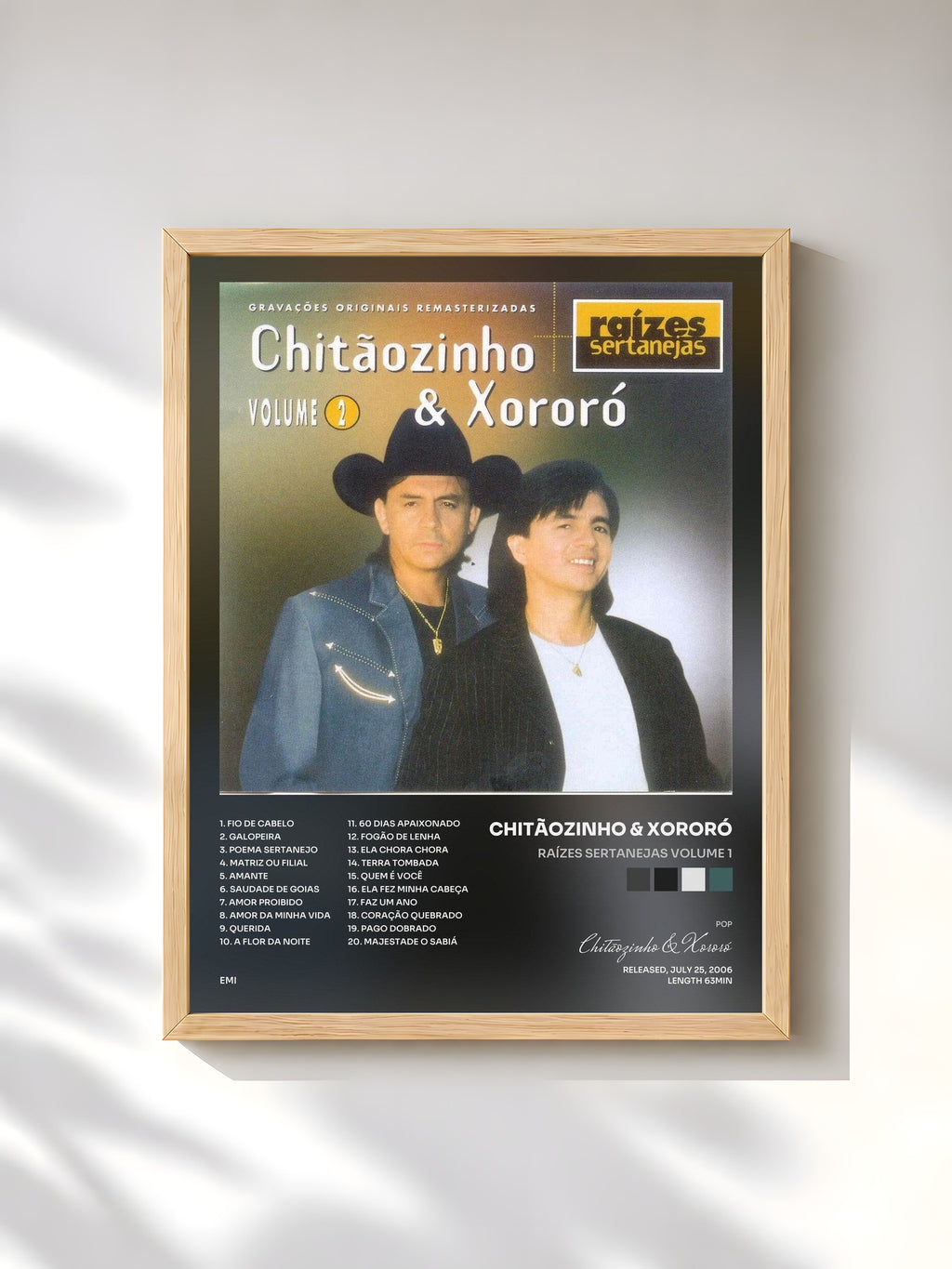 #bois Tableau de l'album Raízes Sertanejas Volume 1 de Chitãozinho & Xororó, cadre en bois brut, imprimé et encadré en France
