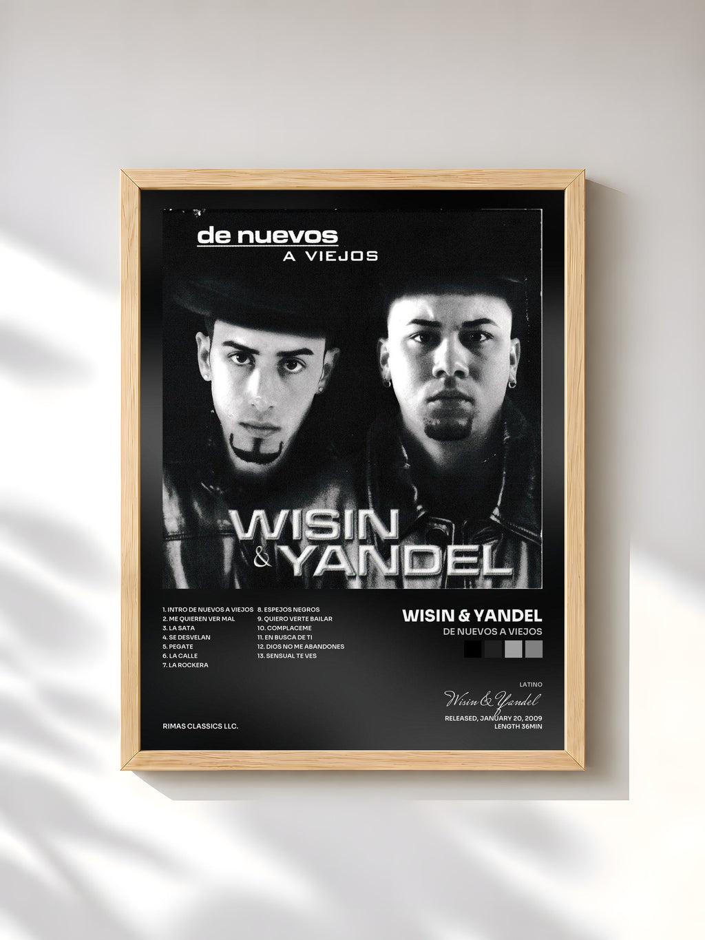 #bois Tableau de l'album De Nuevos a Viejos de Wisin & Yandel, cadre en bois brut, imprimé et encadré en France