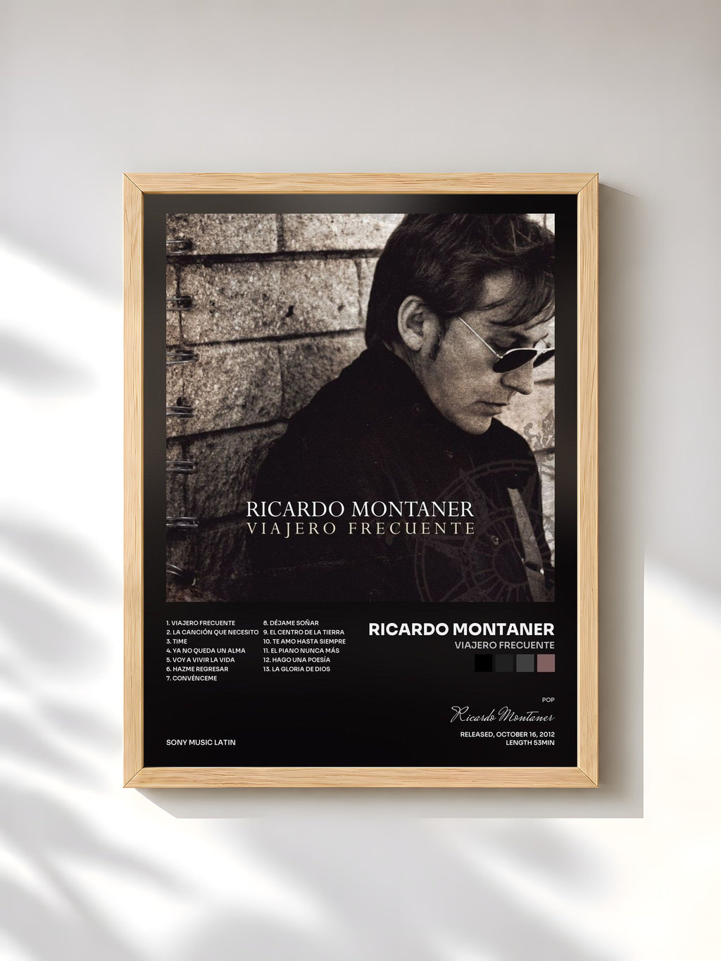 #bois Tableau de l'album Viajero Frecuente de Ricardo Montaner, cadre en bois brut, imprimé et encadré en France