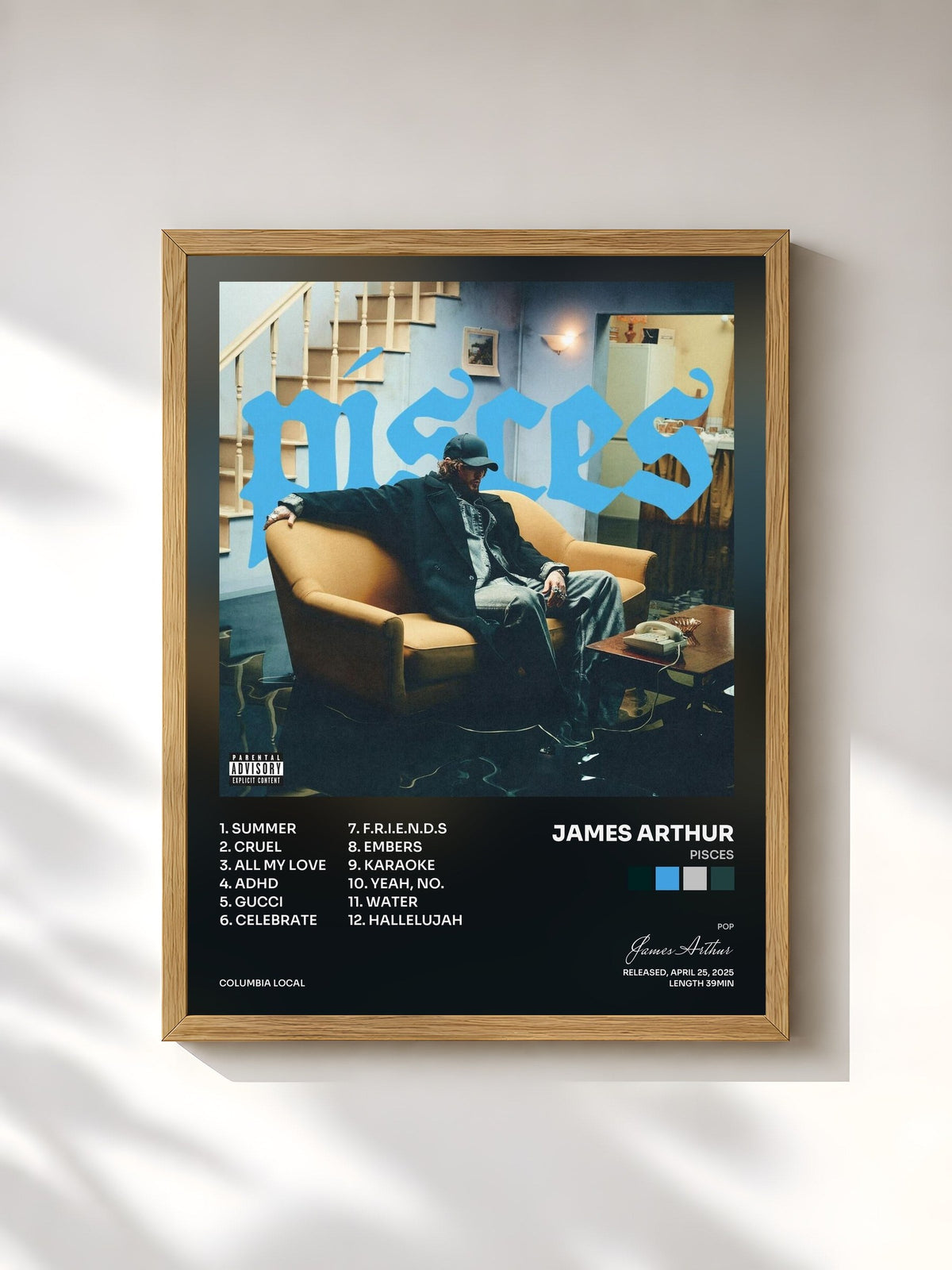 #bois Tableau de l'album PISCES de James Arthur, cadre en bois brut, imprimé et encadré en France