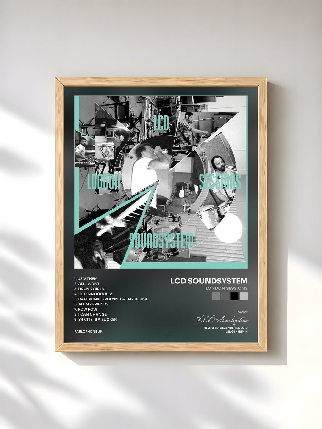 #bois Tableau de l'album London Sessions de LCD Soundsystem, cadre en bois brut, imprimé et encadré en France