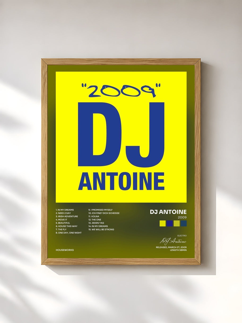 #bois Tableau de l'album 2009 de DJ Antoine, cadre en bois brut, imprimé et encadré en France