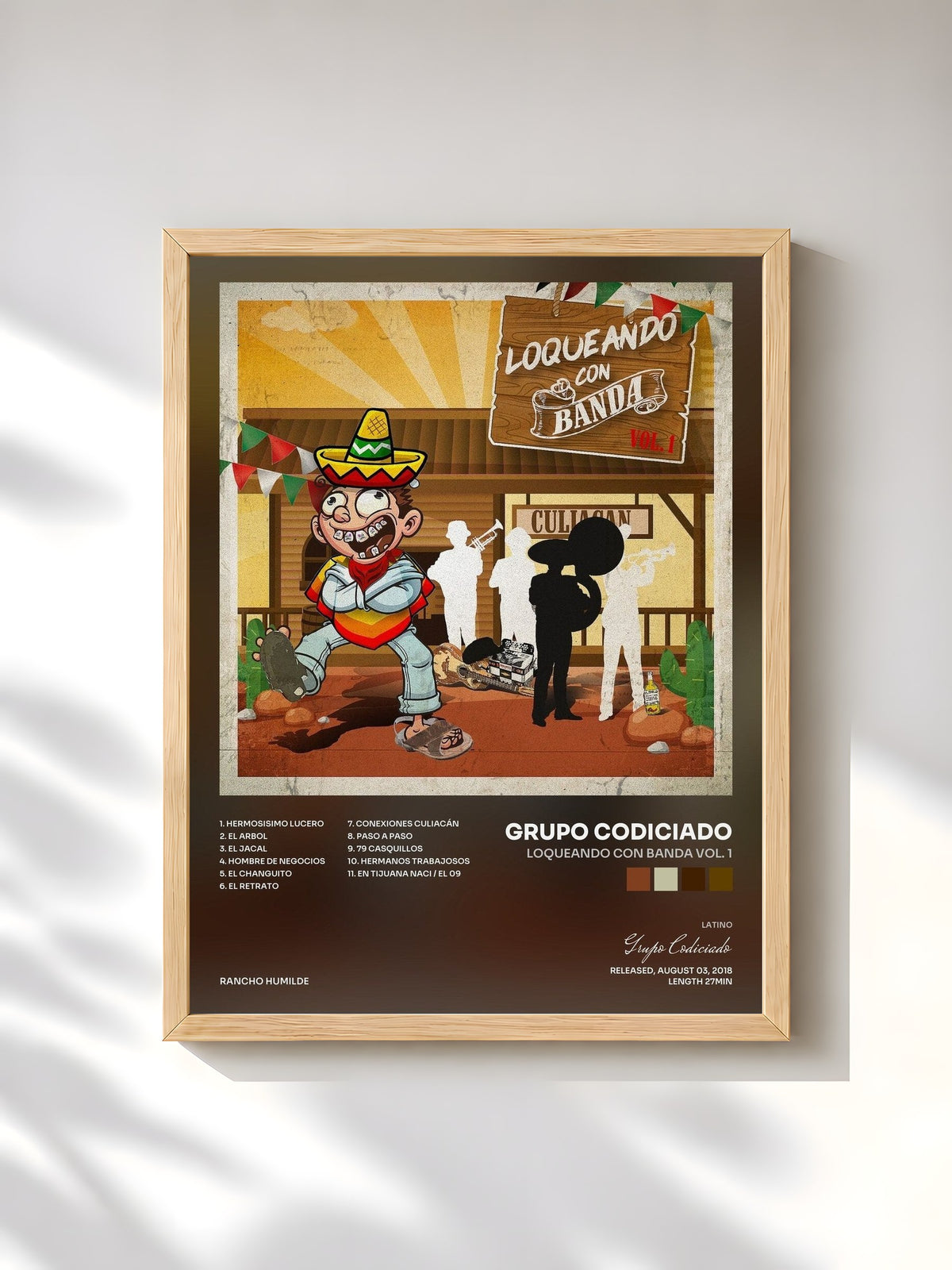 #bois Tableau de l'album Loqueando Con Banda Vol. 1 de Grupo Codiciado, cadre en bois brut, imprimé et encadré en France