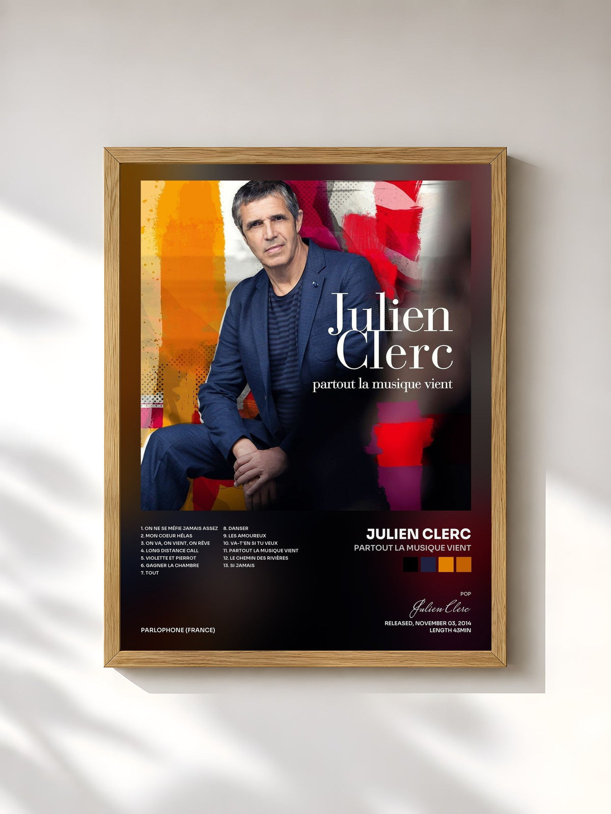 #bois Tableau de l'album Partout la musique vient de Julien Clerc, cadre en bois brut, imprimé et encadré en France