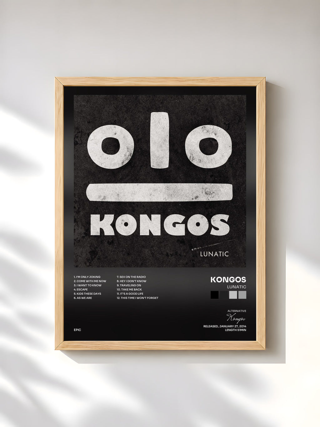 #bois Tableau de l'album Lunatic de Kongos, cadre en bois brut, imprimé et encadré en France