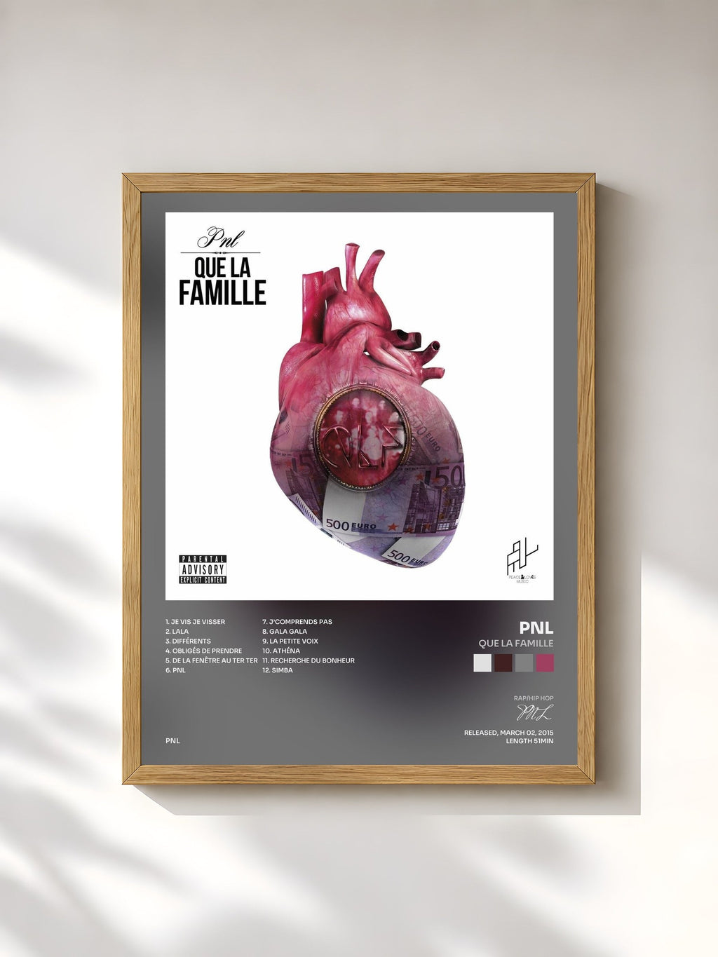 #bois Tableau de l'album Que la famille de PNL, cadre en bois brut, imprimé et encadré en France