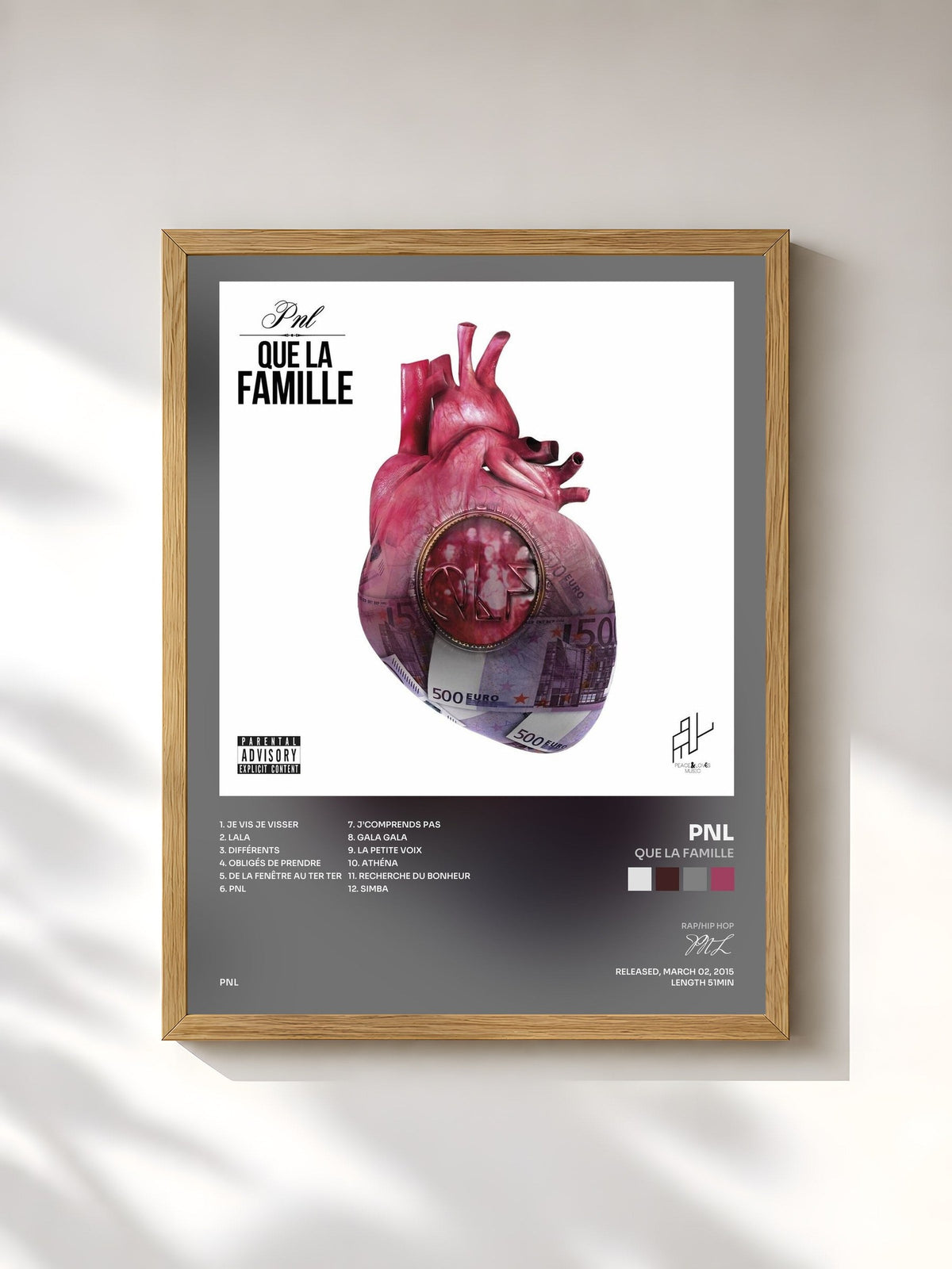 #bois Tableau de l'album Que la famille de PNL, cadre en bois brut, imprimé et encadré en France