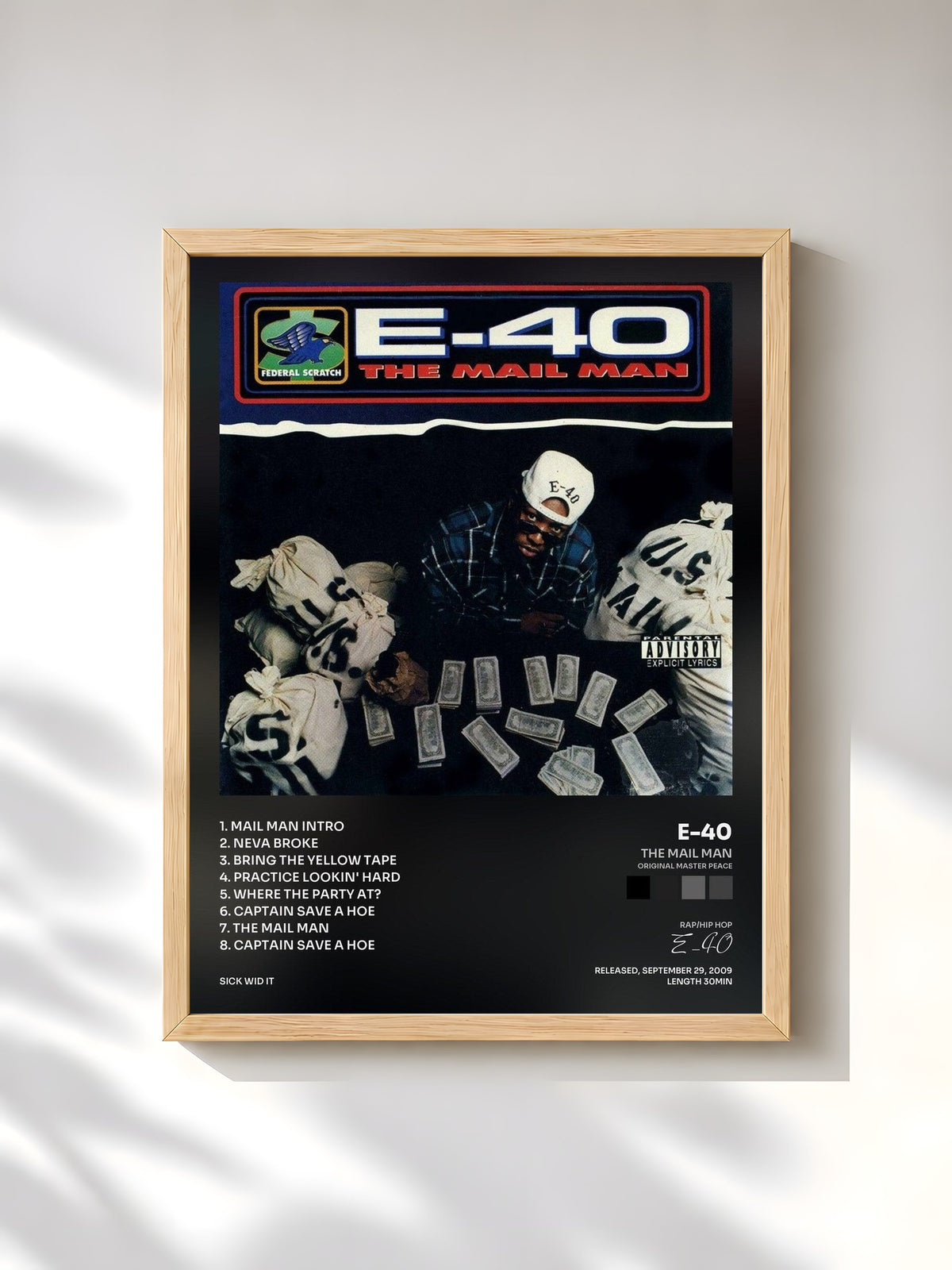 #bois Tableau de l'album The Mail Man (Original Master Peace) de E-40, cadre en bois brut, imprimé et encadré en France