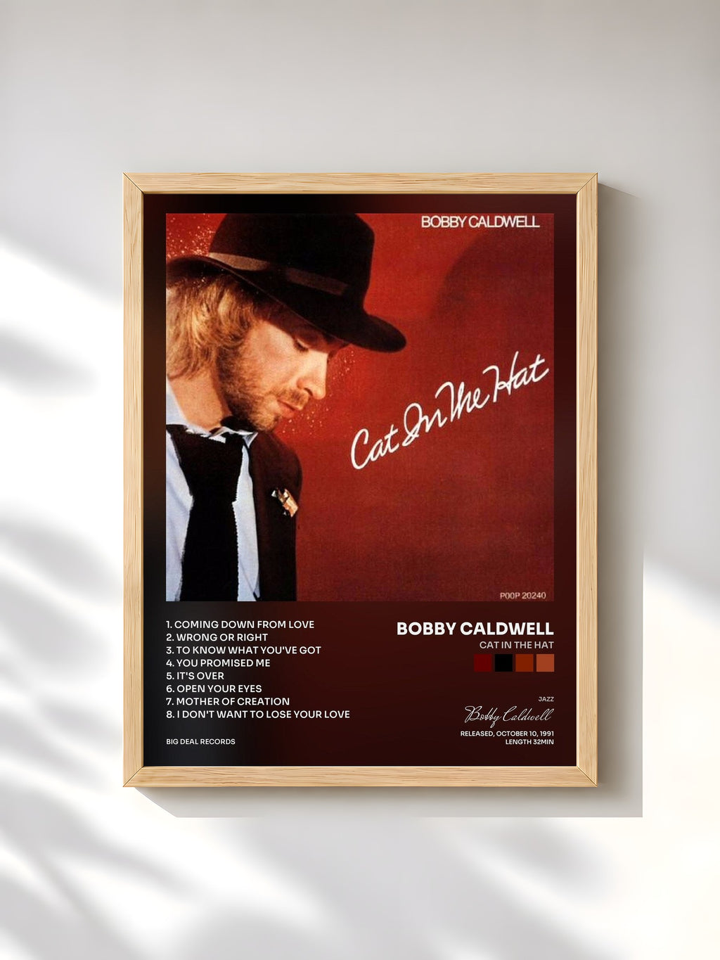 #bois Tableau de l'album Cat in the Hat de Bobby Caldwell, cadre en bois brut, imprimé et encadré en France