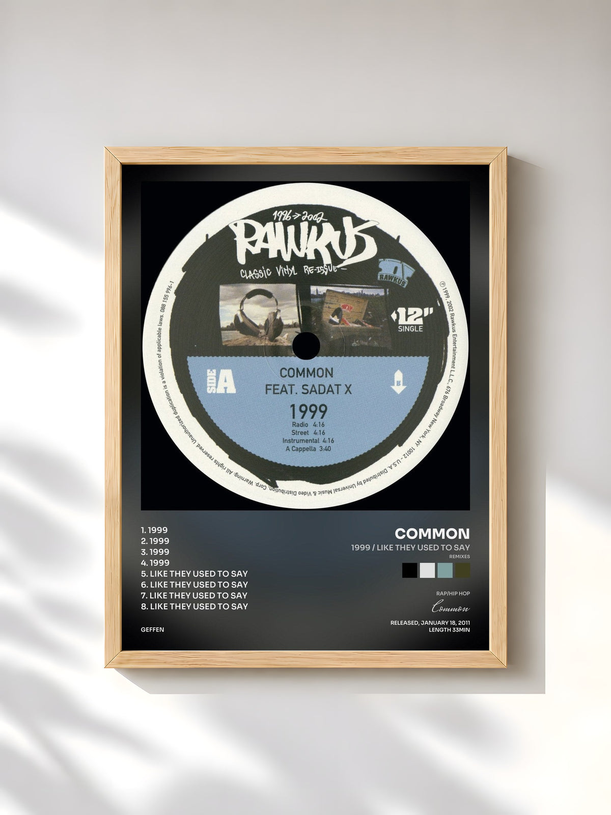 #bois Tableau de l'album 1999 / Like They Used To Say (Remixes) de Common, cadre en bois brut, imprimé et encadré en France