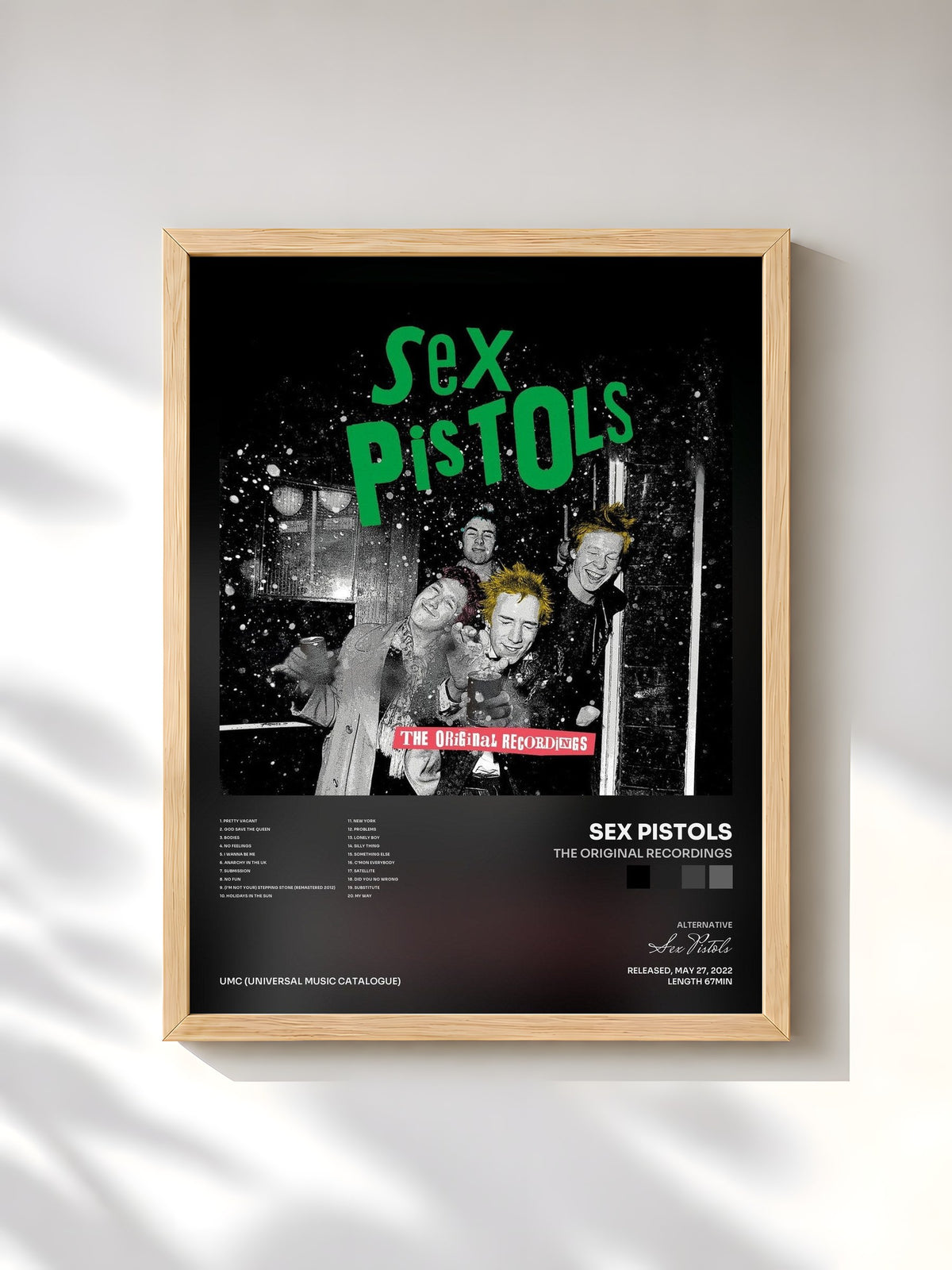 #bois Tableau de l'album The Original Recordings de Sex Pistols, cadre en bois brut, imprimé et encadré en France