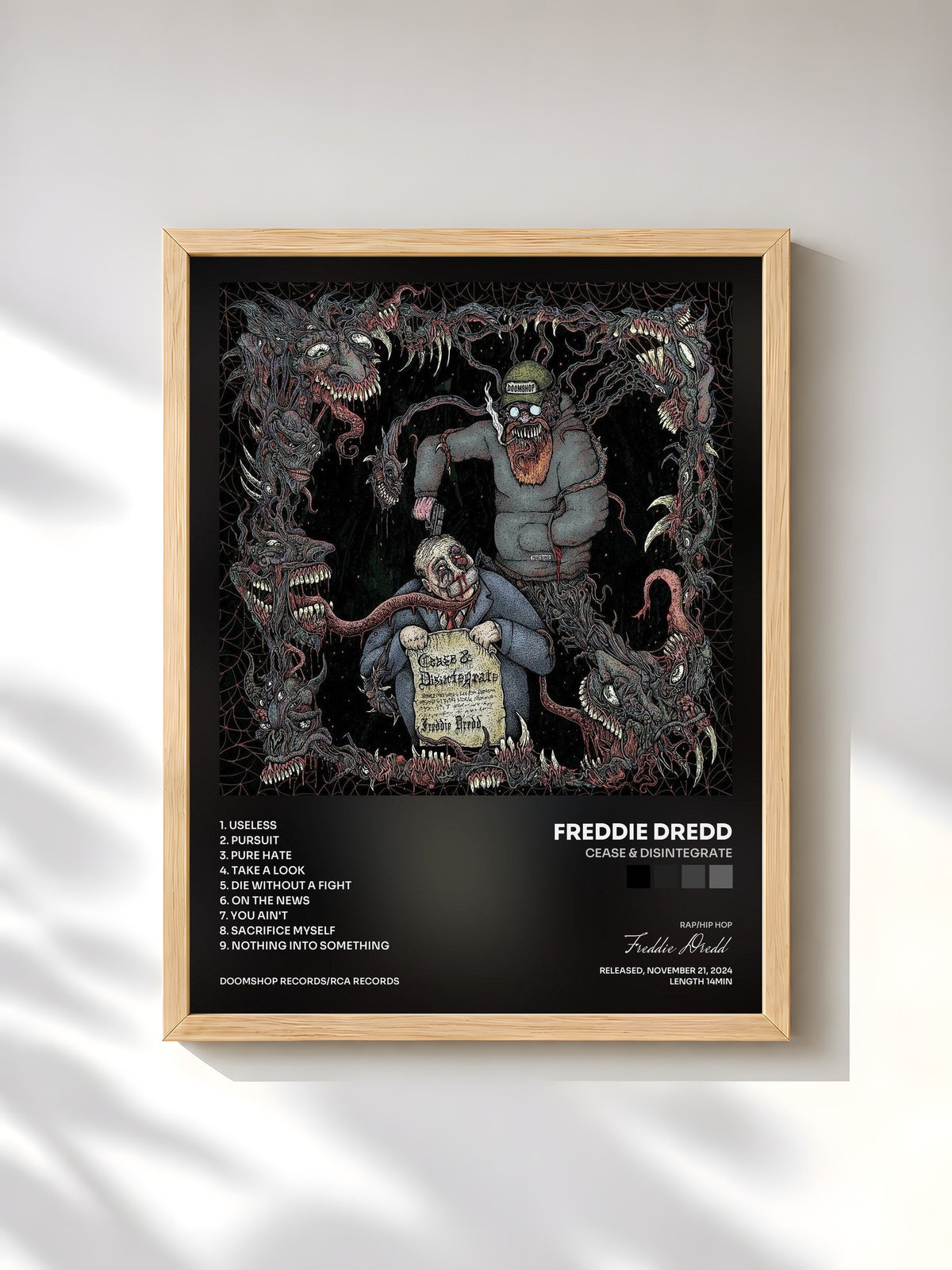 #bois Tableau de l'album Cease & Disintegrate de Freddie Dredd, cadre en bois brut, imprimé et encadré en France