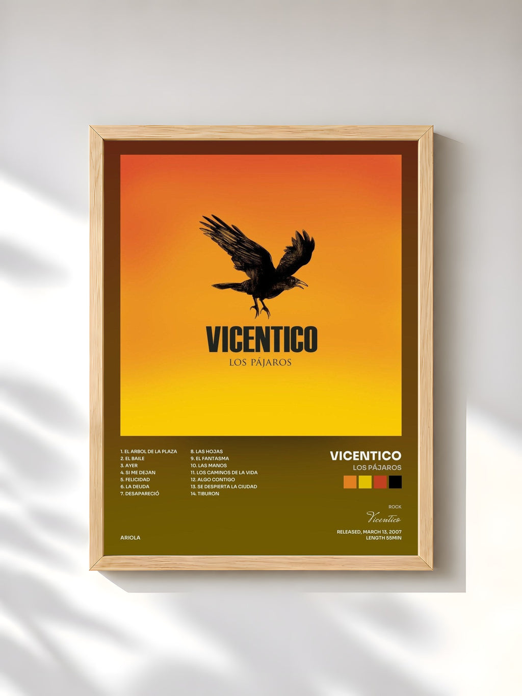 #bois Tableau de l'album Los Pájaros de Vicentico, cadre en bois brut, imprimé et encadré en France