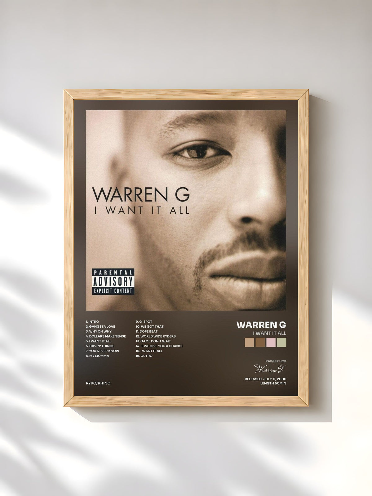 #bois Tableau de l'album I Want It All de Warren G, cadre en bois brut, imprimé et encadré en France