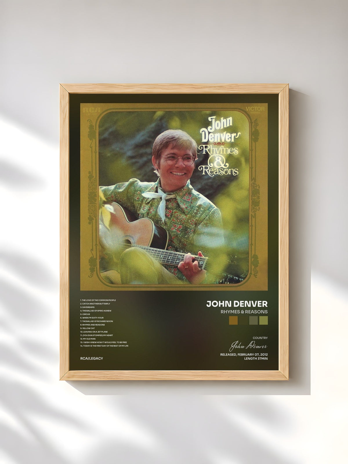 #bois Tableau de l'album Rhymes & Reasons de John Denver, cadre en bois brut, imprimé et encadré en France
