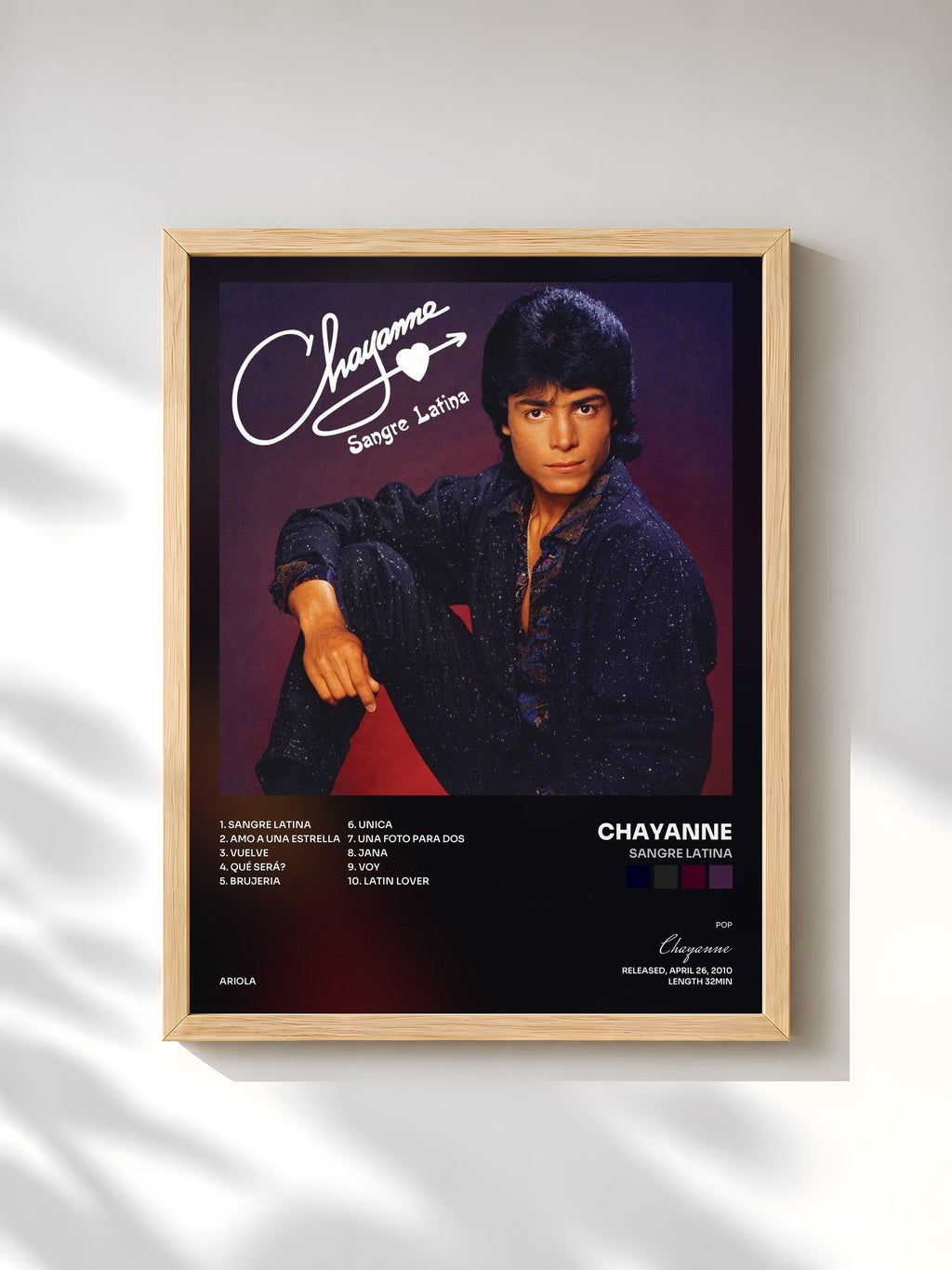 #bois Tableau de l'album Sangre Latina de Chayanne, cadre en bois brut, imprimé et encadré en France